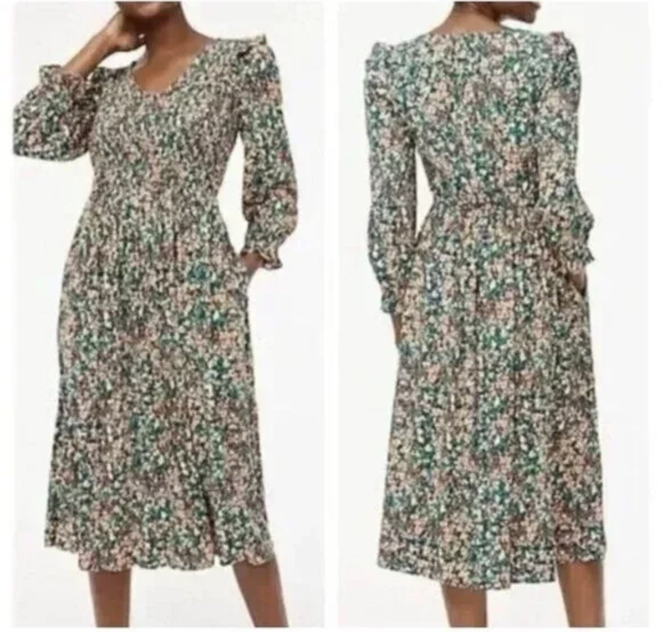 J.Crew V-neck Smocked Cottagecore Floral Green Midi Dress Side Zip Pocket Size M