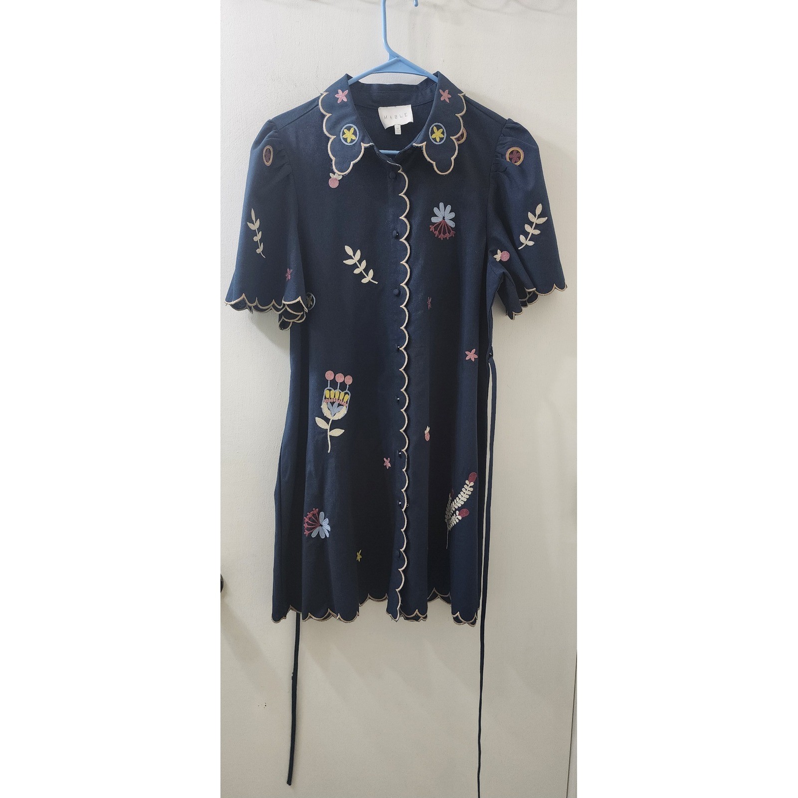 MABLE Navy Blue Embroidered Scalloped Linen Blend Mini Shirt Dress MD4896A M