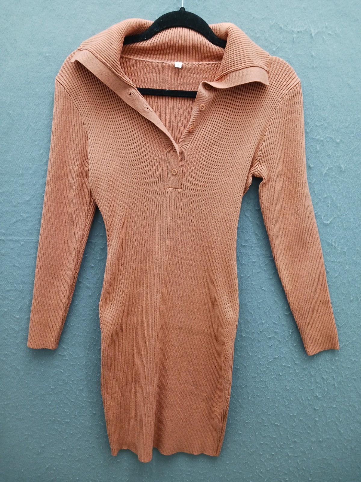 Unknown Women Sweater Dress Brown Viscose Blend Long Sleeve Collared Ribbed