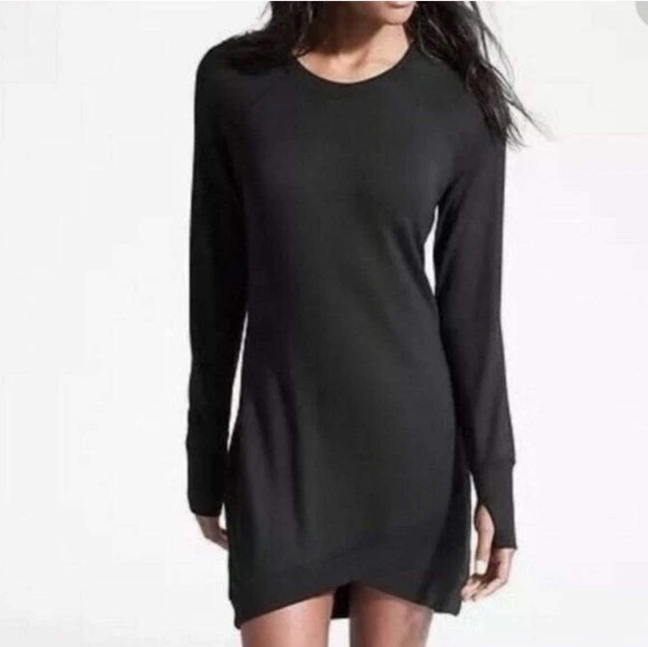 Athleta Criss Cross Sweatshirt Dress Womens Small Black Modal Thumbhole Tulip