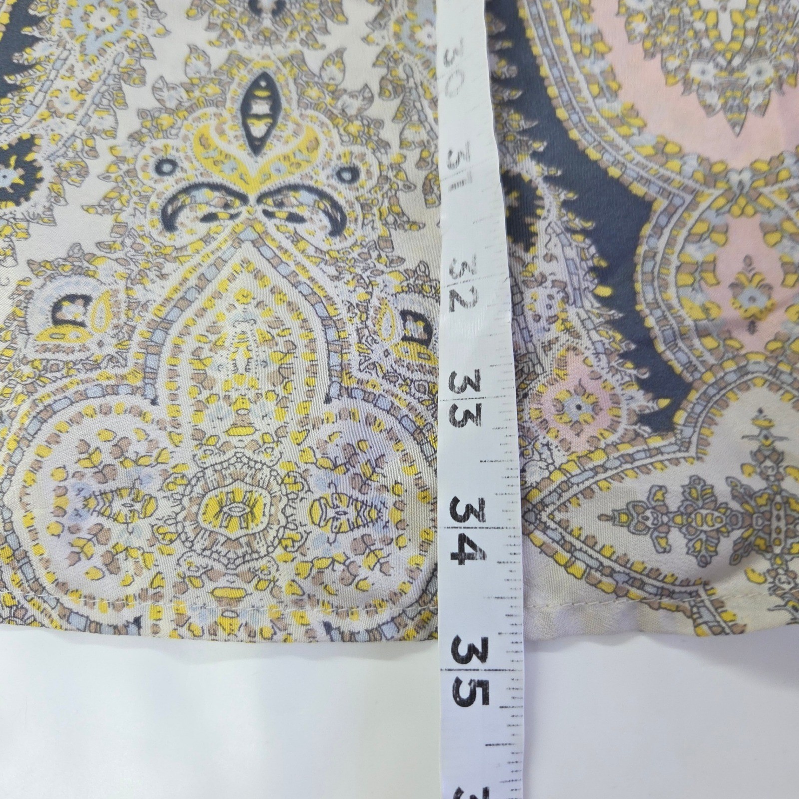 Philosophy Shift Dress Womens Medium Grey Yellow Paisley Split Neck Cap Sleeve