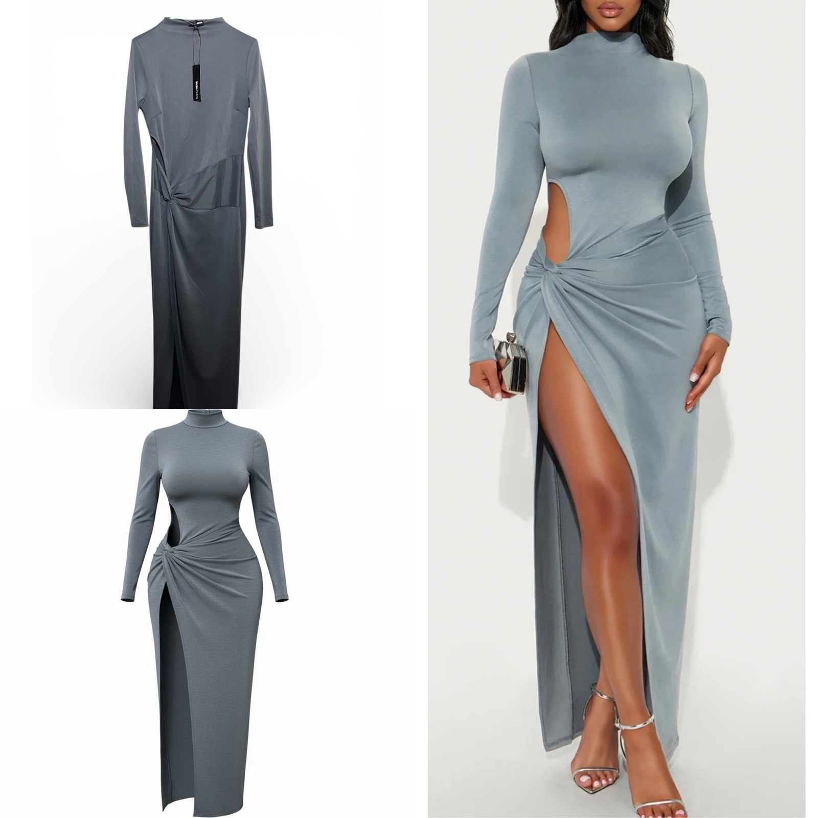 Cutout High Slit Maxi Dress Long Sleeve Bodycon Evening Formal Blue/Grey Size L