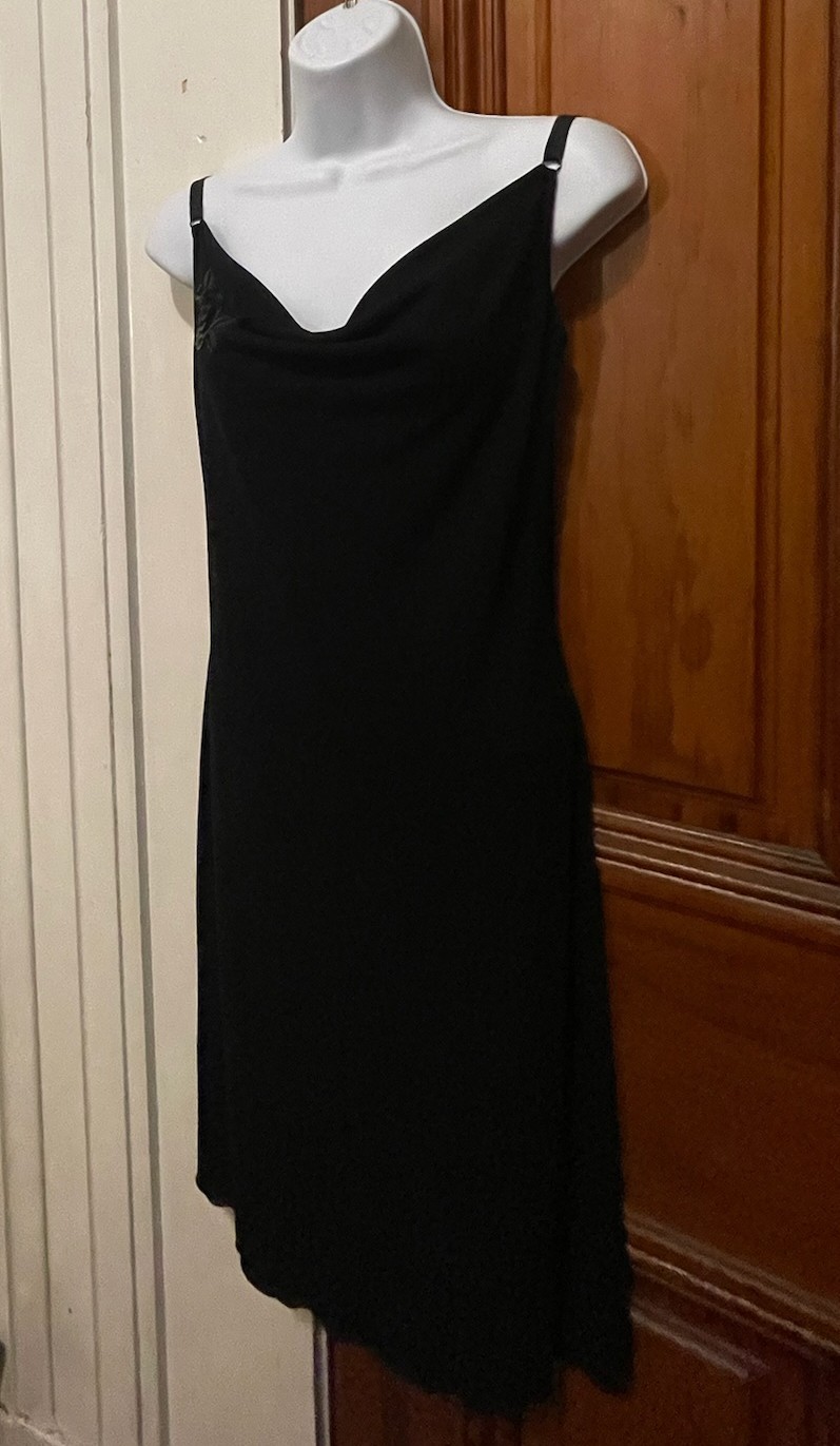 ESPRIT Black Slip Dress (SMALL) Vintage Y2K Stretch Elastic Straps Sequin Flower
