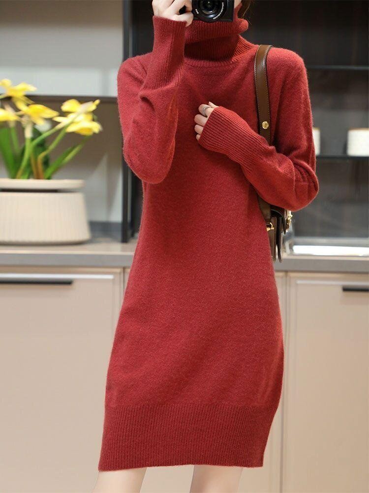 Knitted Cashmere Sweater Women Wool Turtleneck Long-Sleeve Slim Mid Length Dress