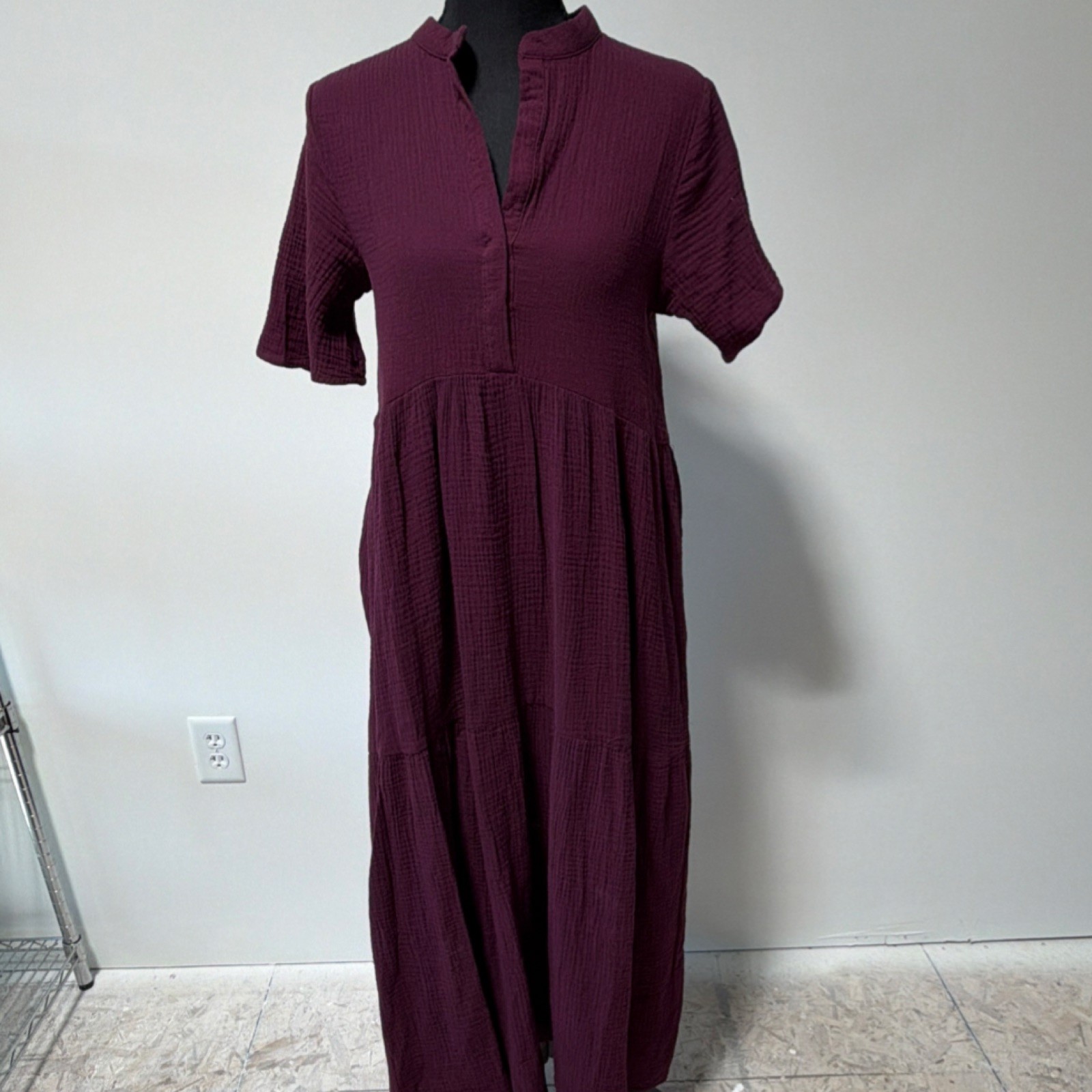 Brass & Roe Plum Gauze Maxi Dress Split Neck Button Long Short Sleeve XS