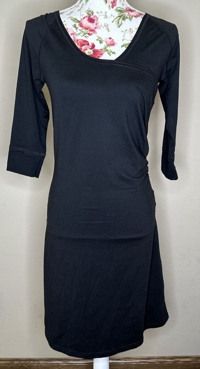 Mountain Hardwear Dress Womens Black 3/4 Sleeve Soft Ruched Side Stretchy Knit