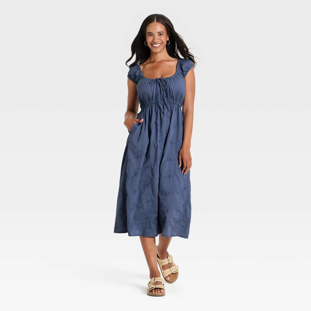 Women Cap Sleeve Eyelet Midi Sundress – Universal Thread Slate Blue S