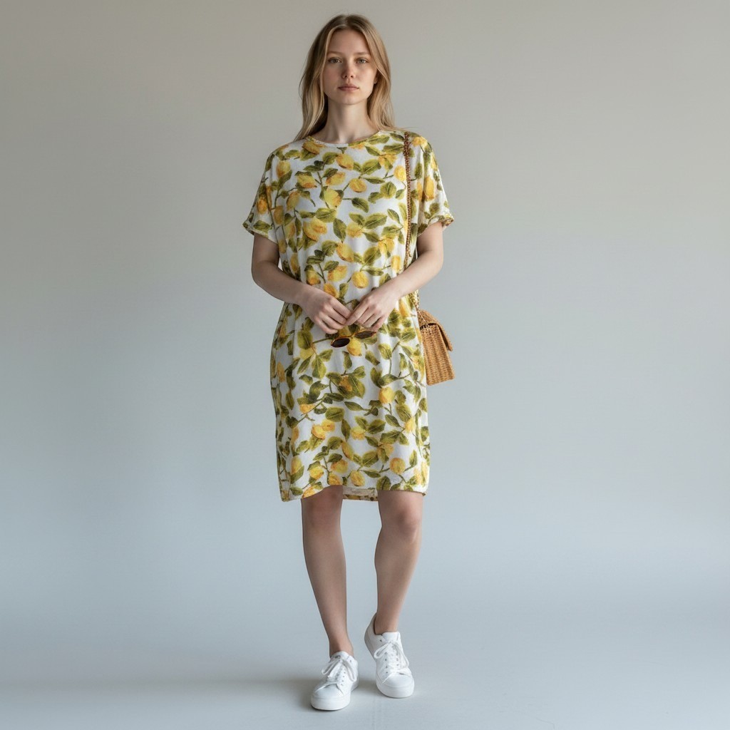 Boohoo Women’s Size 12 White Lemon Print Short Sleeve Shift Dress Garden Picnic