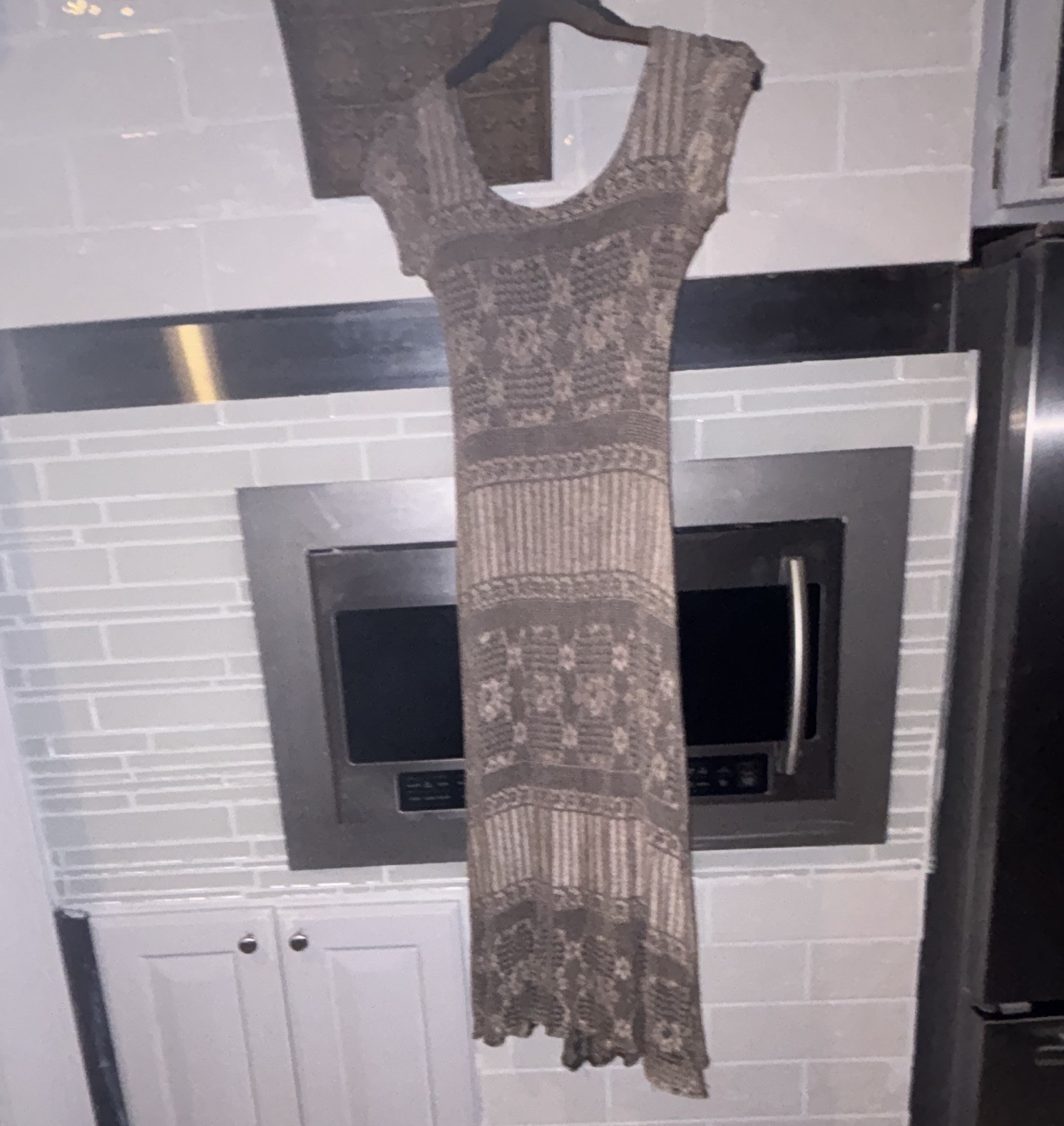 breakin loose Taupe Knit Maxi Dress Scoop Neck Cap Sleeve Geometric Size L