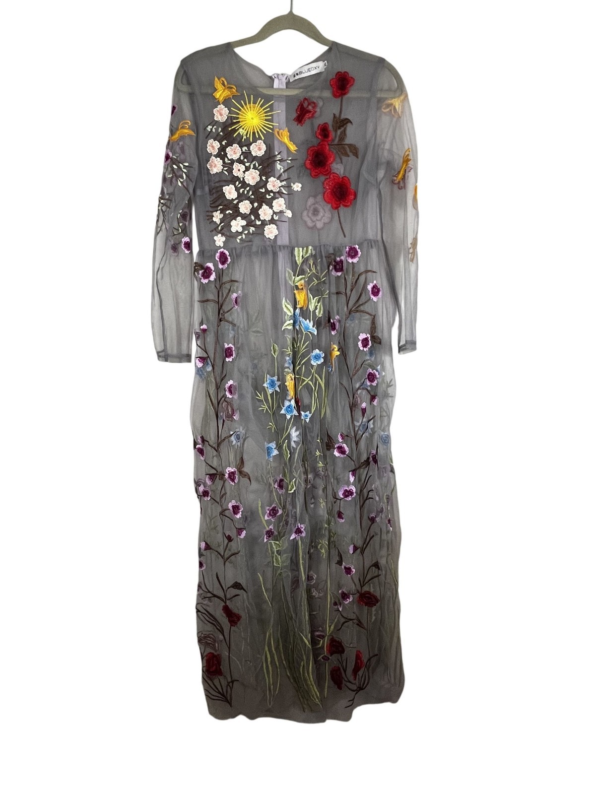 Retro Floral Mesh Maxi Dress Gray XL Whimsical Romantic Fairy Sheer Colorful Art