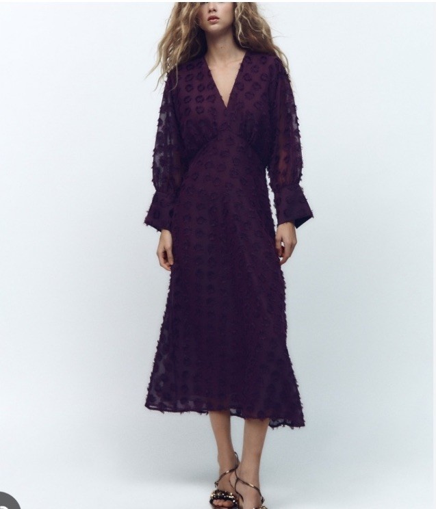 Zara L Maxi DRESS Chiffon Eggplant Purple Polka Dot Flocked v neck Empire waist