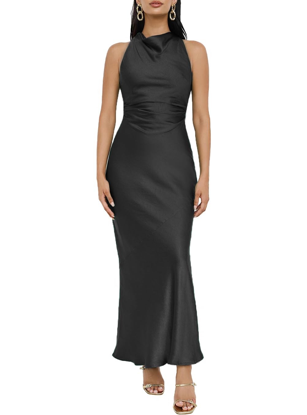 Satin High Neck Backless Maxi Dresses for Women Summer Silk Elegant Ruched Waist