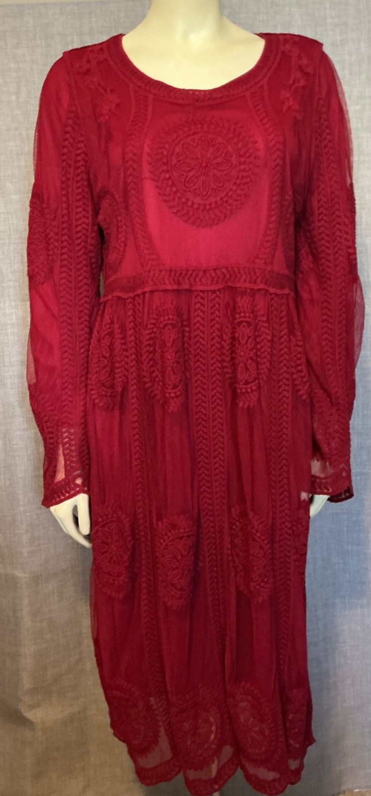 Orange Creek Red Boho Lace Embroidered Mindi / Maxi Red Dress Size L