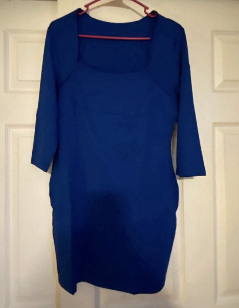 Women’s Blue Solid Knit Bodycon Mini Dress, Square Neck 3/4 Sleeve, L