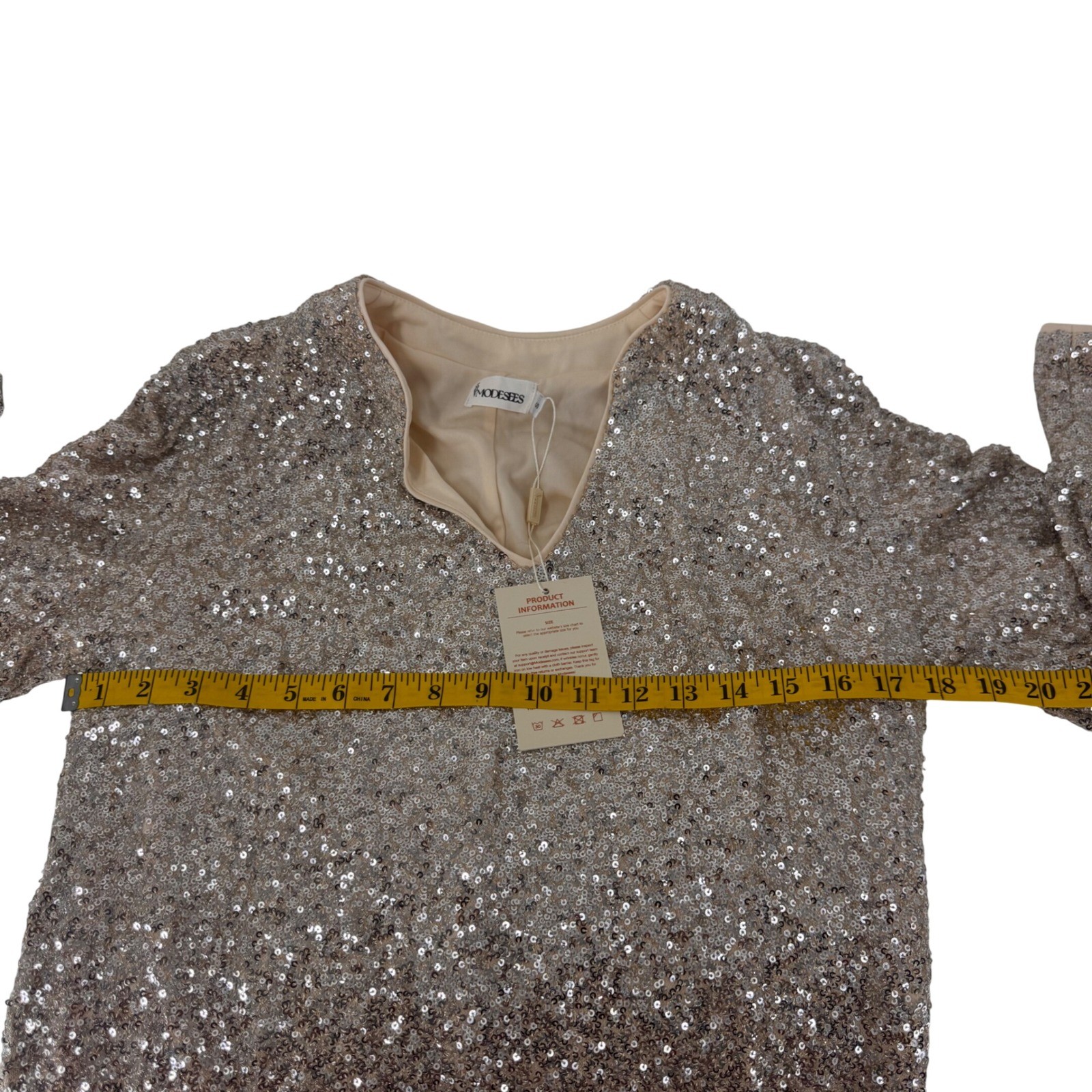Modesees Women Champagne Gold Sequin Maxi Gown V-Neck Long Bishop Sleeve Size S
