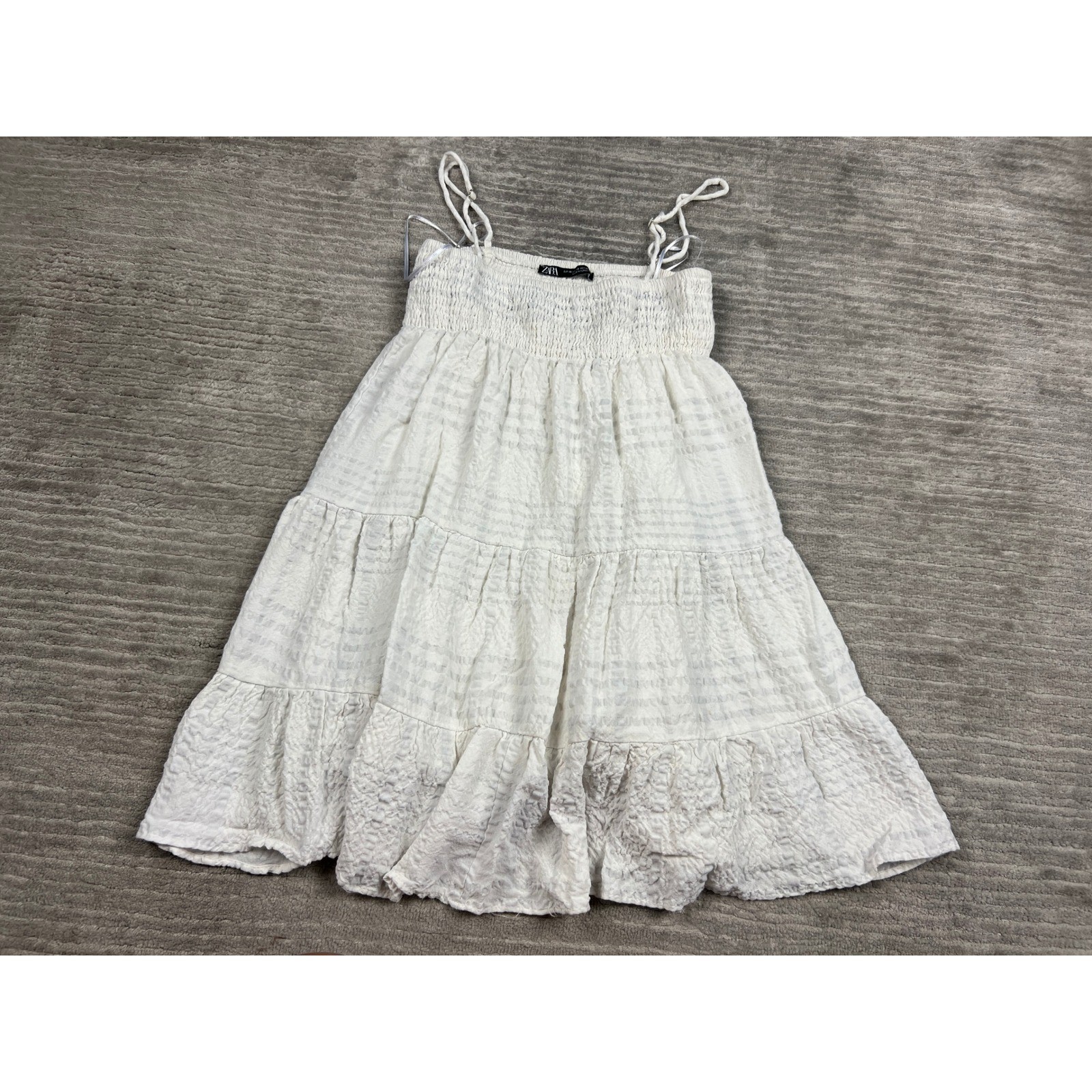Zara Dress Womens XS White Tiered Mini Smocked Cotton Adjustable Straps Textured