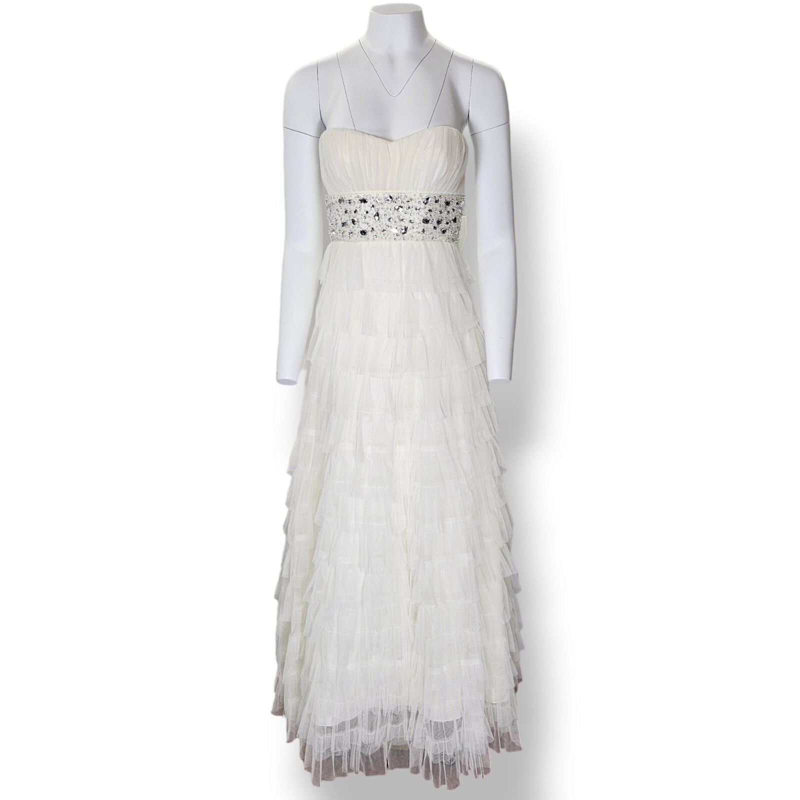 B. Darlin Dress Prom Formal Strapless Ivory Tiered Tulle Rhinestone Size 5/6