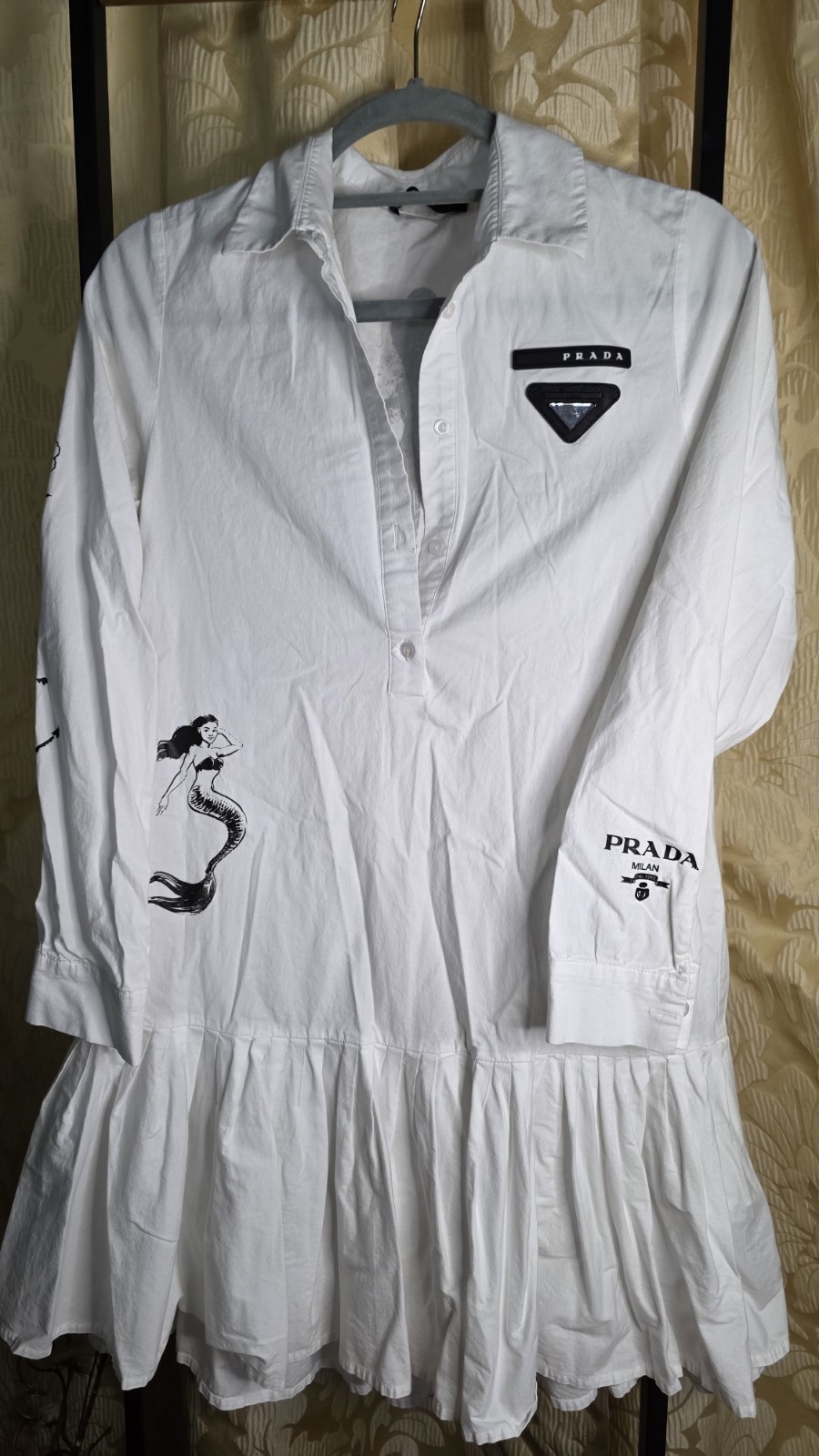 PRADA Women White Ruffle Longsleeve Dress Sz M Collar. Length 32″ In Pit 36″ In