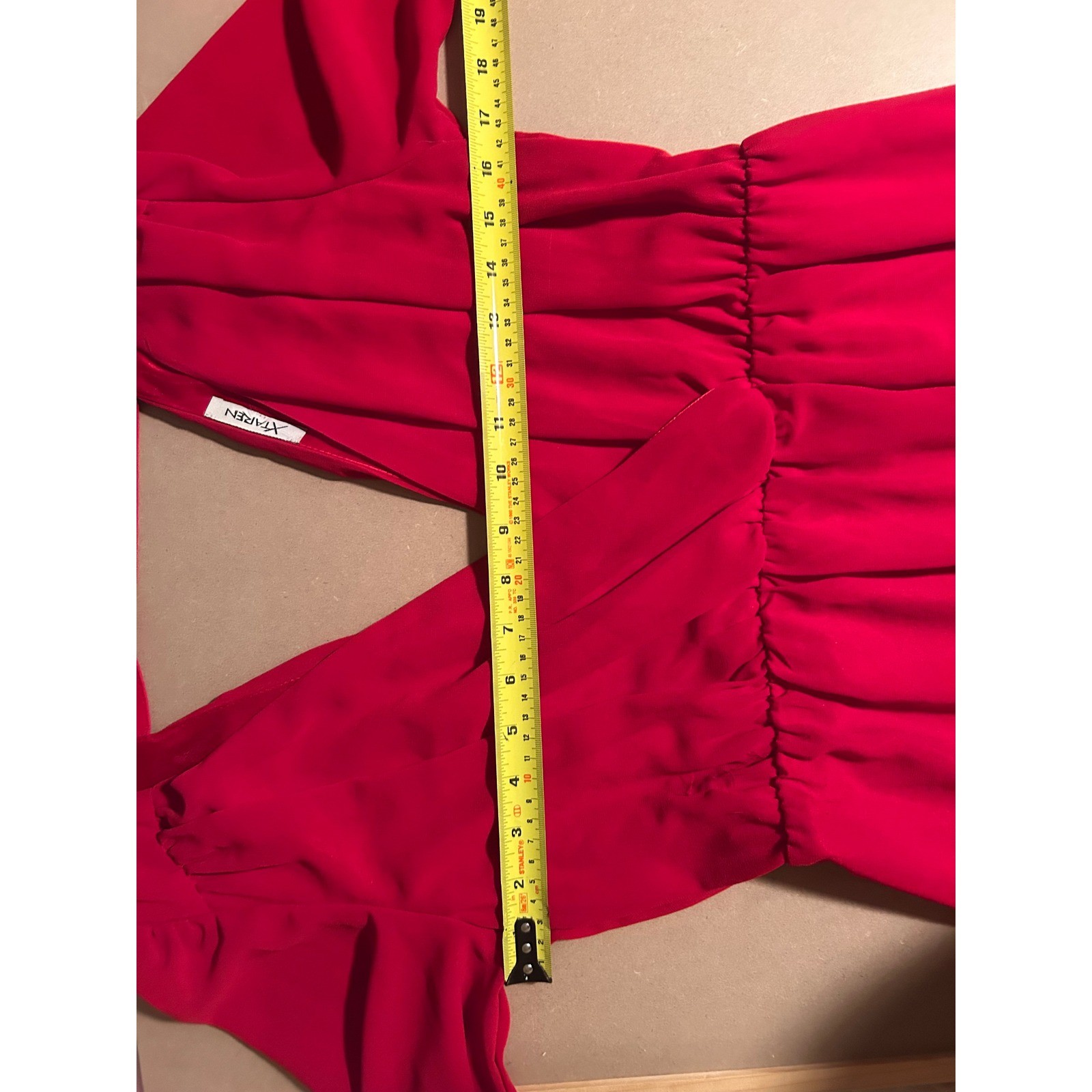 Red Plunging Deep V-Neck Studded Cuff Mini Dress Chiffon Long Sleeve Size Large