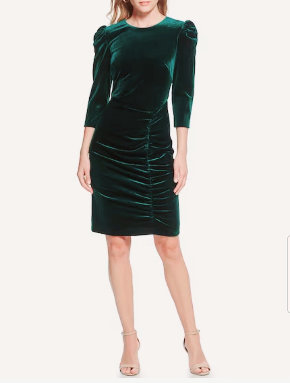 Vince Camuto Ruched Puff Shoulder Dress Velour HUNTER Green Size 2 US Small NWT