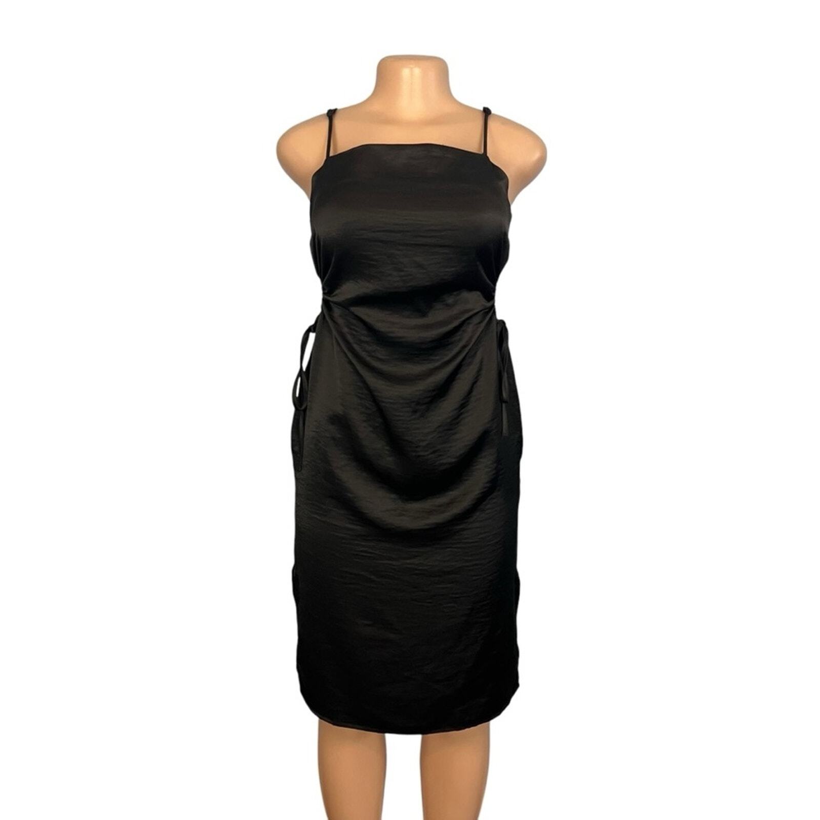 House of Harlow 1960 Solid Black Open Drawstring Sides Satin Mini Dress