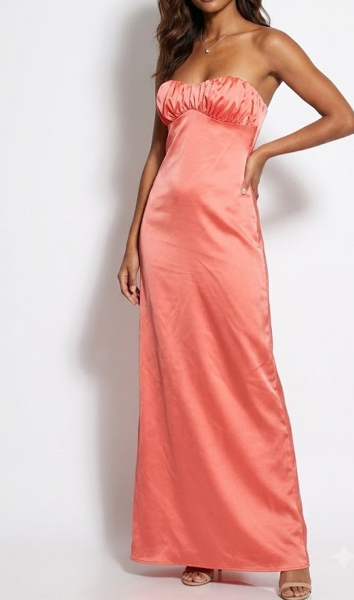 Peppermayo Coral Pink Satin Strapless Empire Ruched Bust Column Maxi Dress US 2
