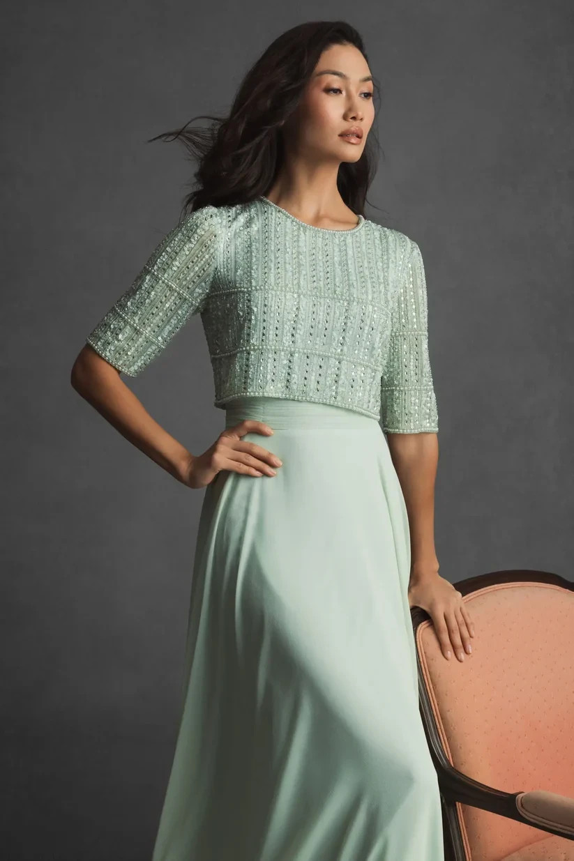 Mac Duggal 9180 Fully Beaded 3/4 Sleeves Top Chiffon Gown- Size 12 (LK#1146 A)