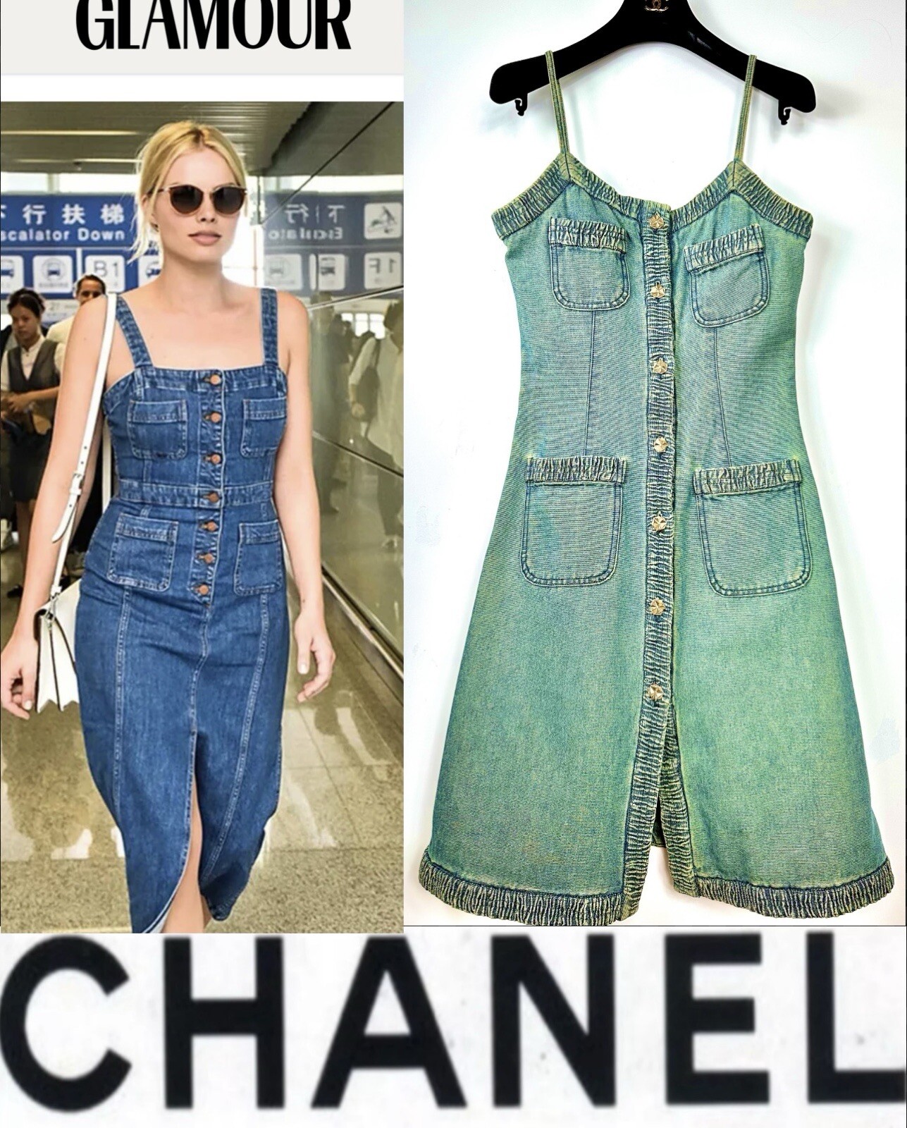 Chanel Vintage 2001 Barbie Blue Denim Midi Dress 36 38 4 6 Vtg Logo Button S M