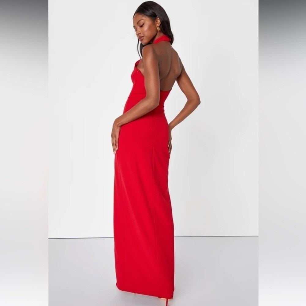 Remarkable Elegance Red Backless Halter Column Dress
