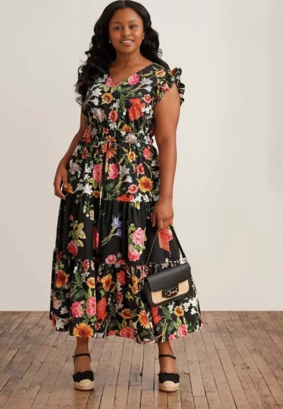 Anne Klein Maxi Dress black floral-print cotton