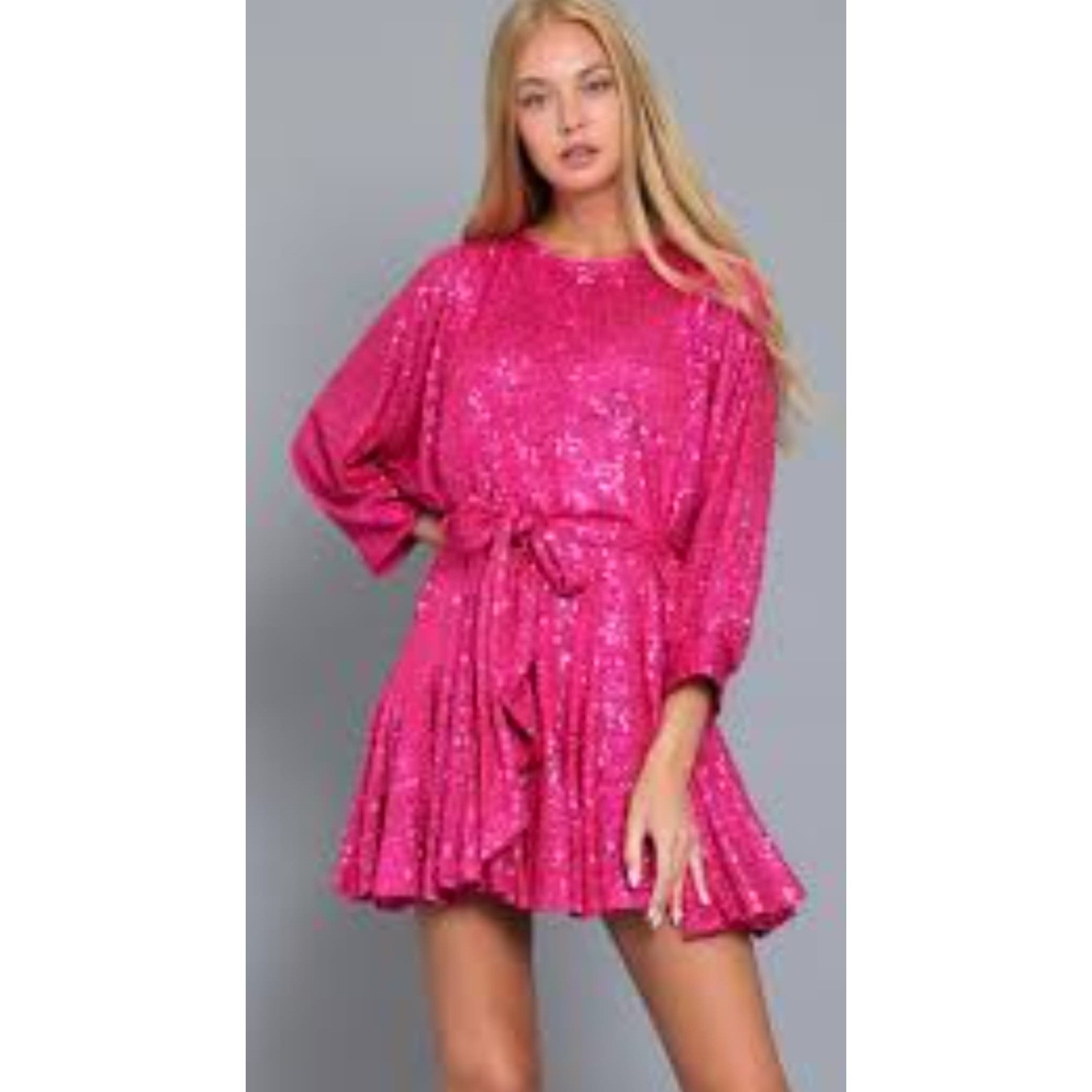 Aakaa Womens Pink Sequin Tie Waist Mini Dress 3/4 Party Cocktail NWT (24)