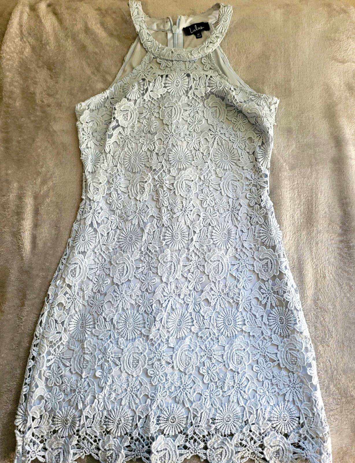 Lulus Women’s Light Blue Floral Lace Bodycon Dress Size M Sleeveless Halter Zip