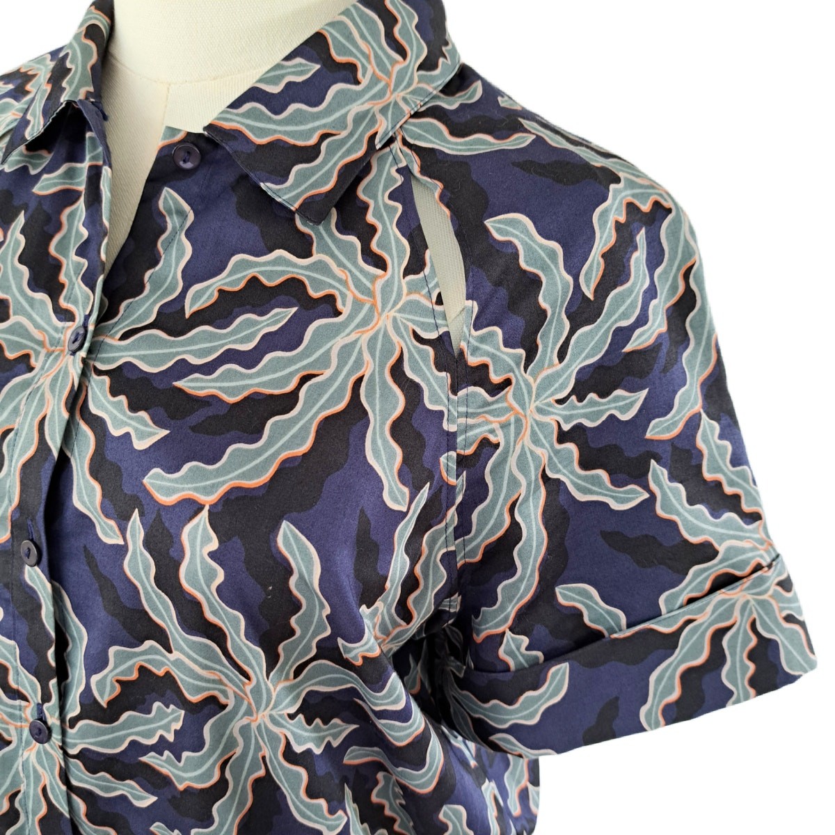 BROOKS BROTHERS Cotton Sateen Midi Shirt Dress Size 12 Blue Black Short Sleeve