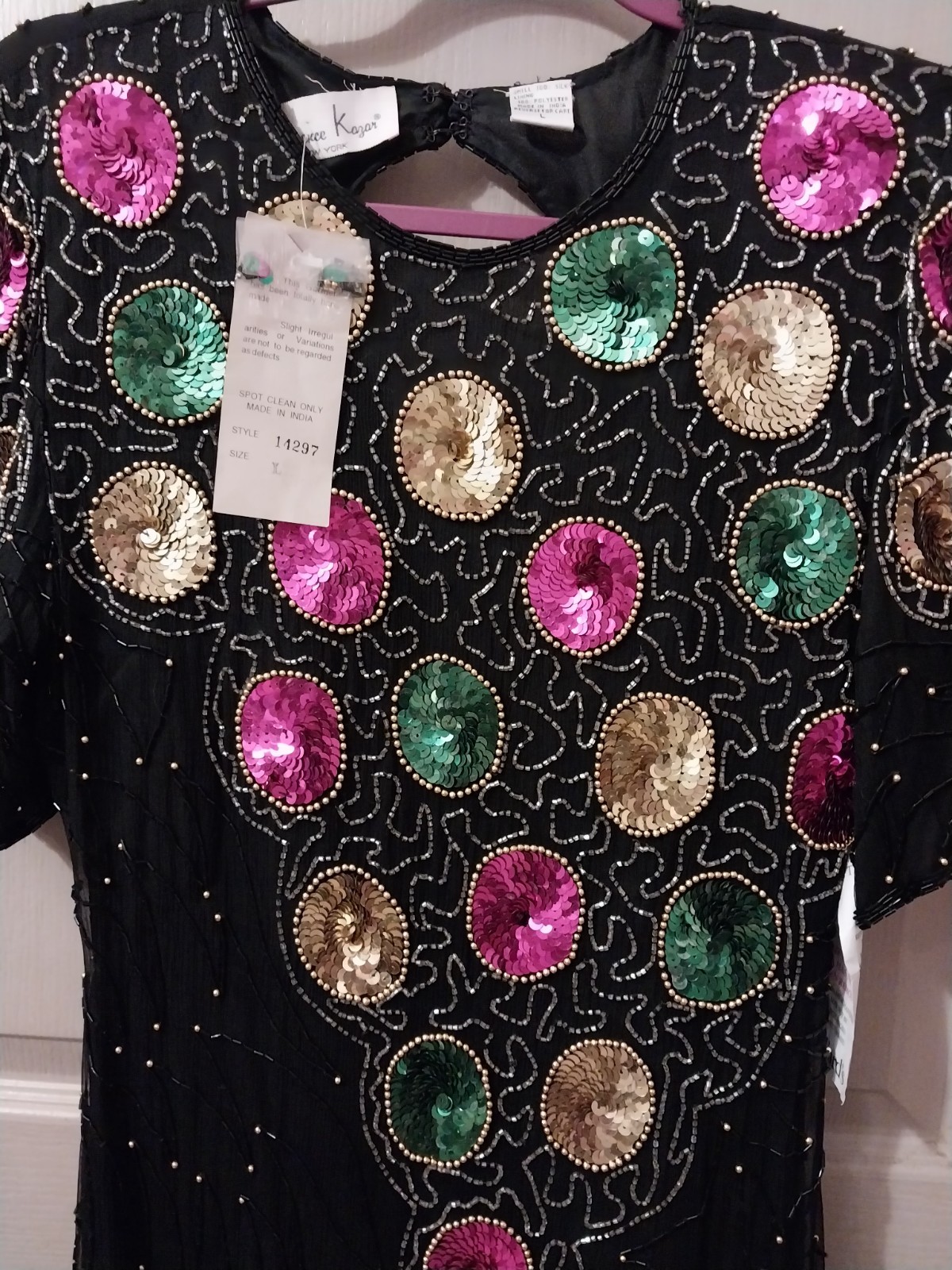 Vtg Laurence Kazar Beaded Sequin Cocktail Dress Size L Black Christmas NWT