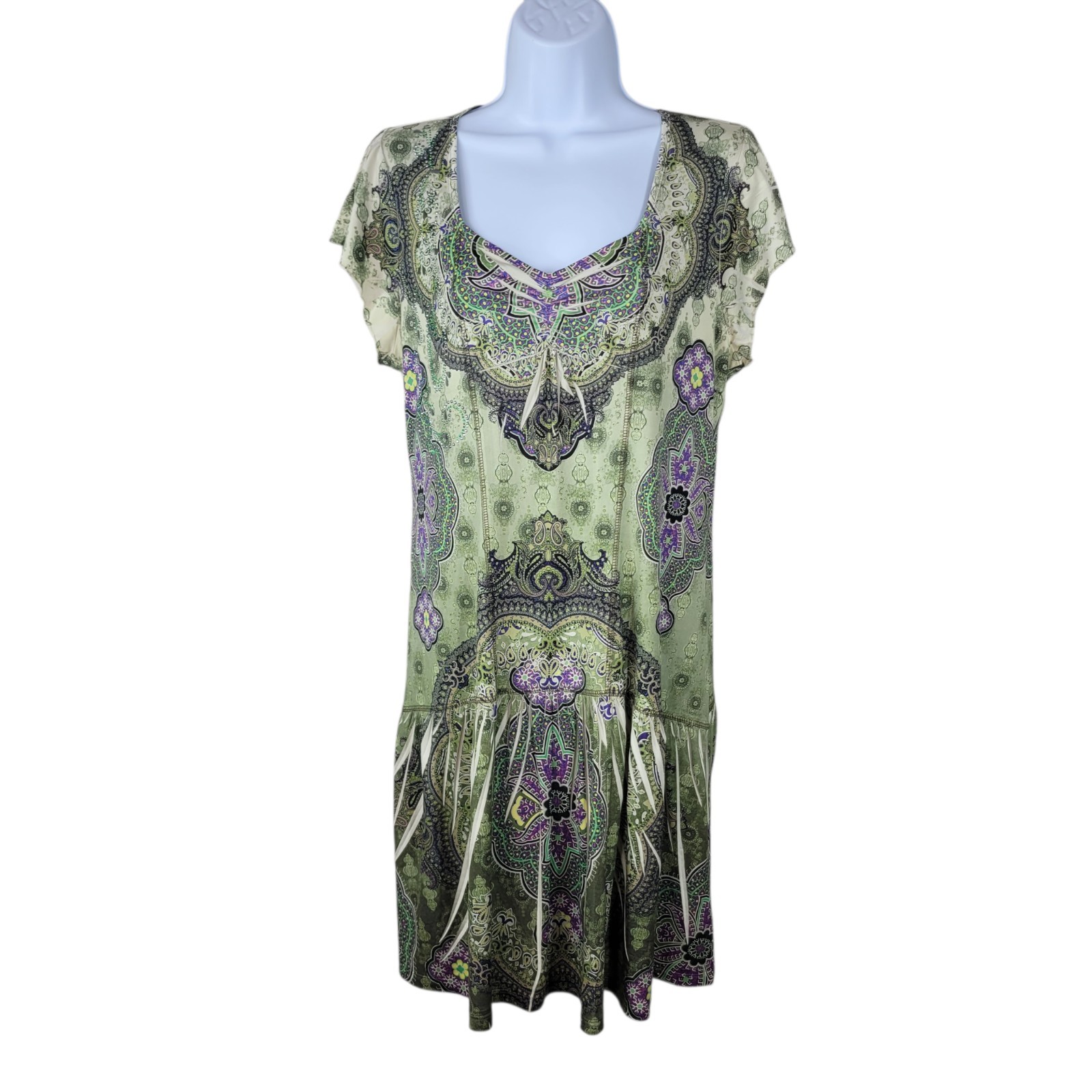 Vintage Y2K Dress Size Large Stretch Romantic Green Pleated Skirt Knee Length