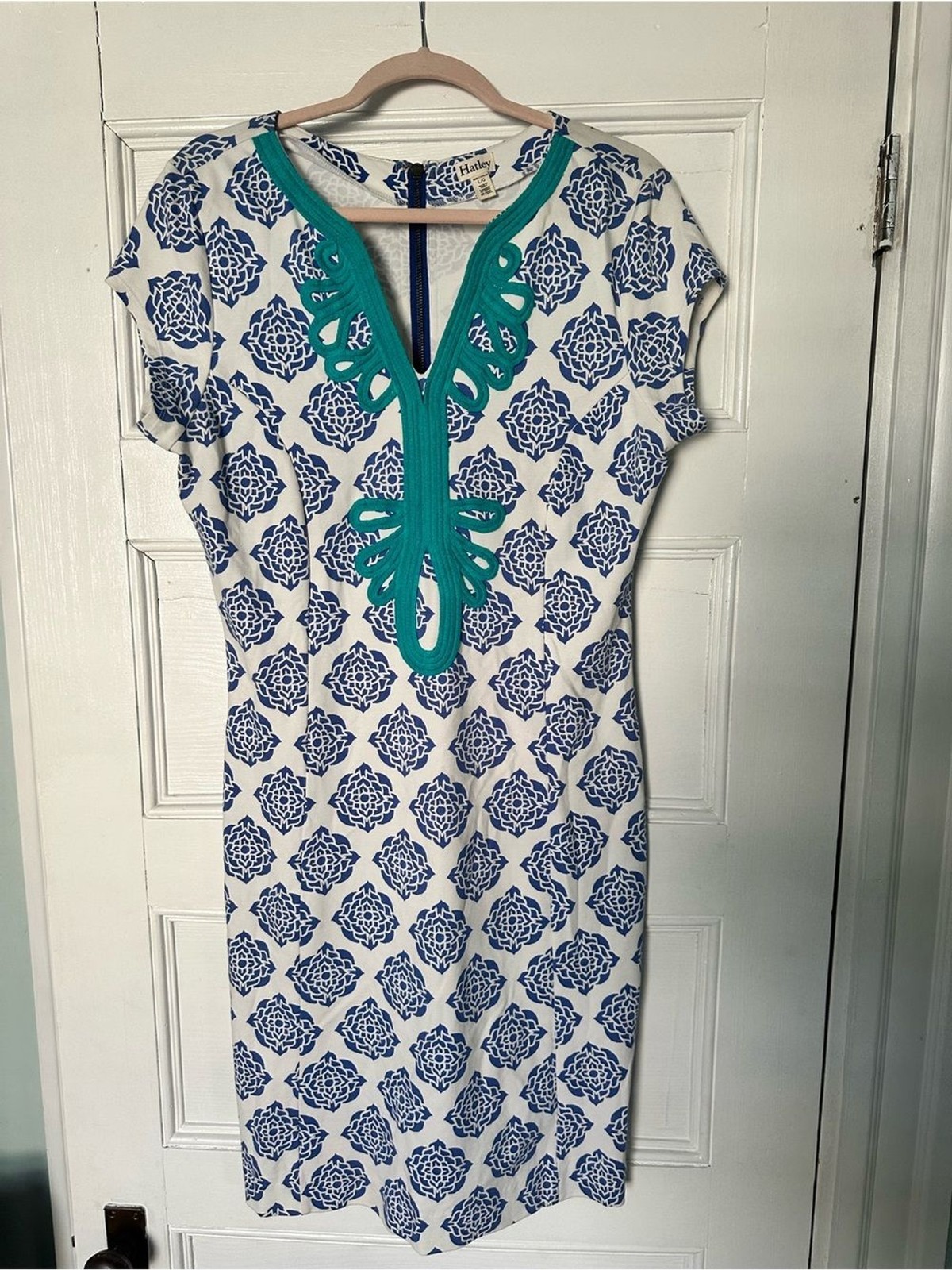 Hatley Tile Print Fitted Stretch Sheath Dress Teal Embroidered Trim L
