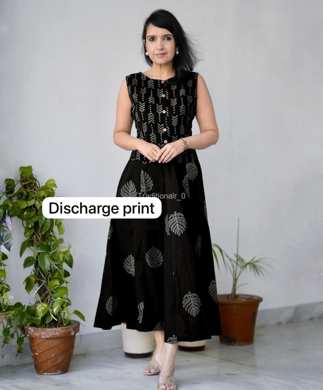 Women’s Ethnic Discharge Print Sleeveless Fit and Flare Cotton Maxi Fusion Dress