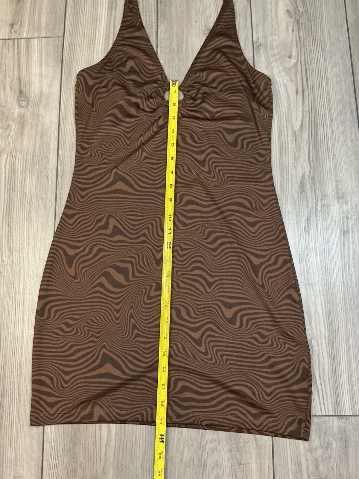 Y2K Brown Swirl Print Halter Mini Dress O-Ring Keyhole Bodycon Backless Club