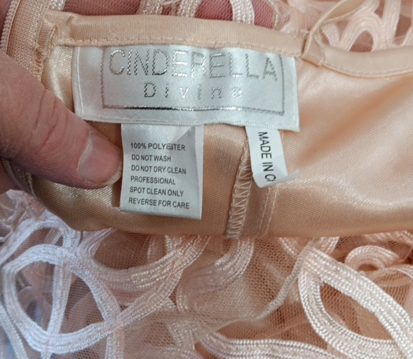 Cinderella Divine Cocktail Dress Ribbons Sequins Beads Overlay Peach Knee NWoT