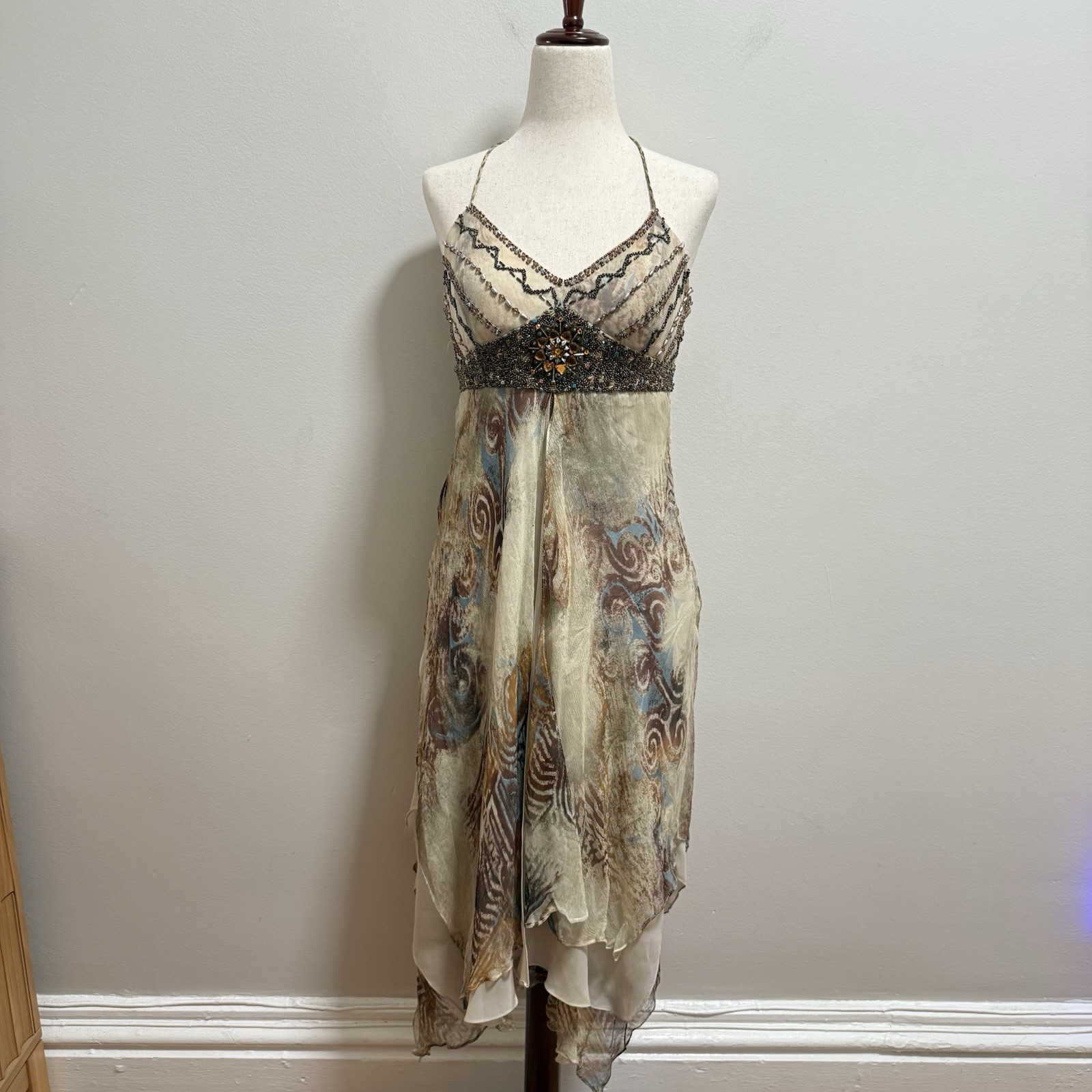 Vintage Sue Wong Nocturne Beaded Silk Halter Midi Dress Fairycore Whimsigoth 4