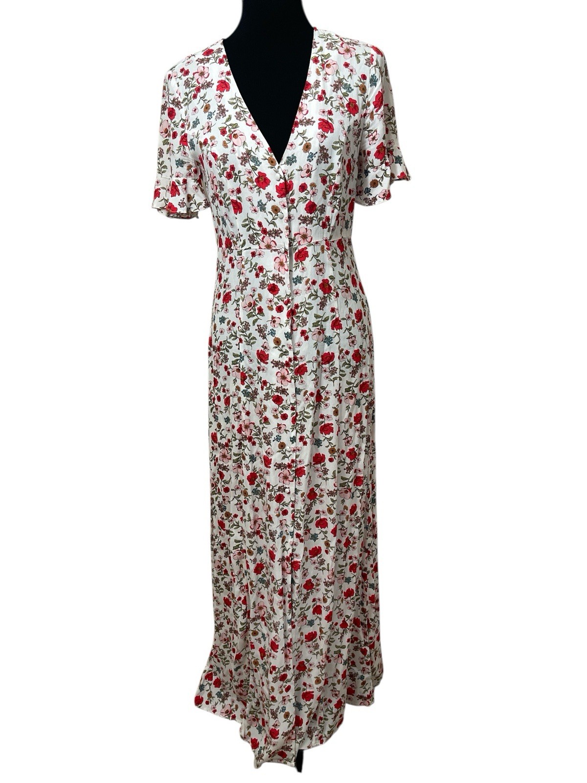 Cottagecore Fairy Grunge White Floral Short Sleeve Button Up Maxi Dress Size S