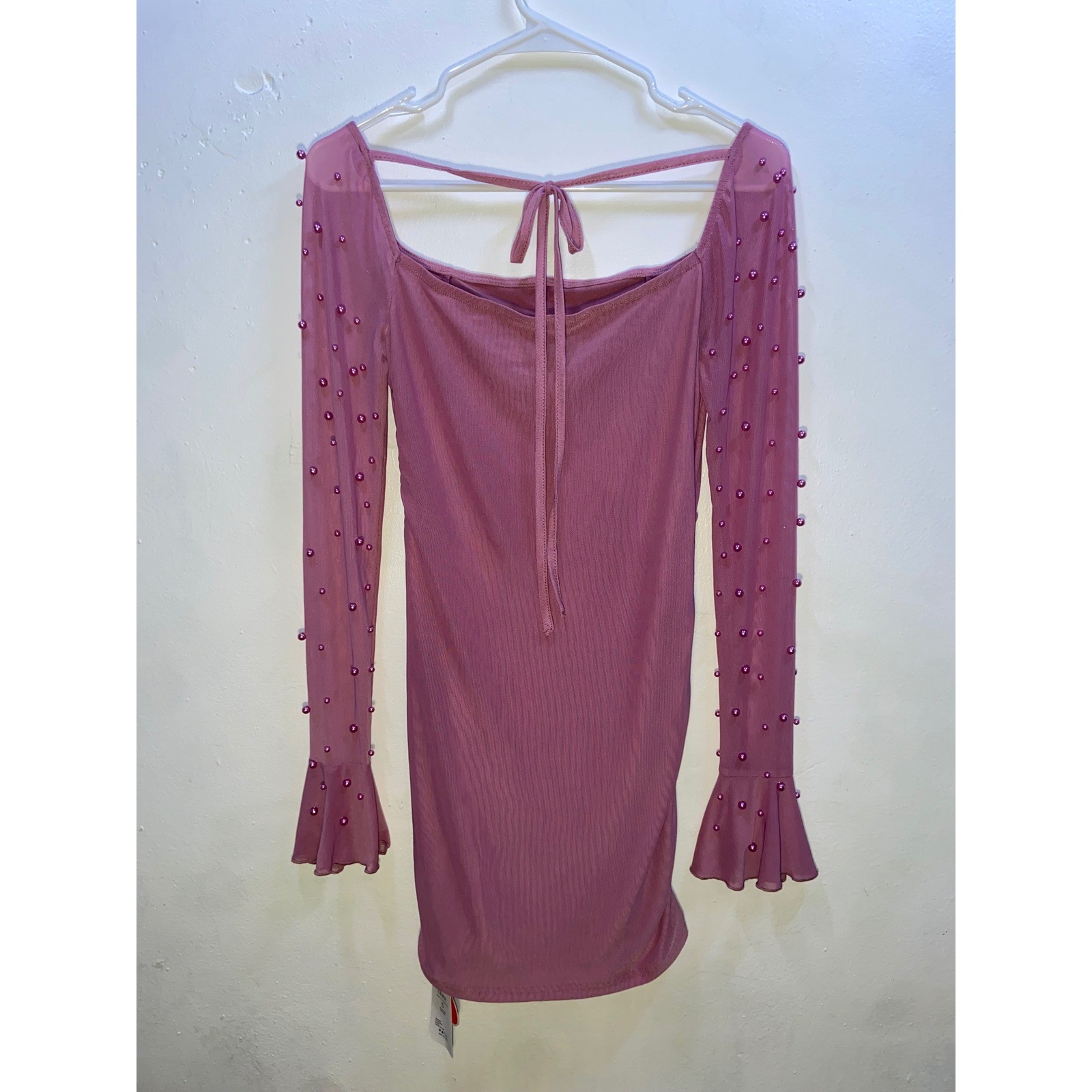 Cider Pink Mesh Pearl Flare Sleeve Corset Ruched Mini Dress Coquette Barbiecore