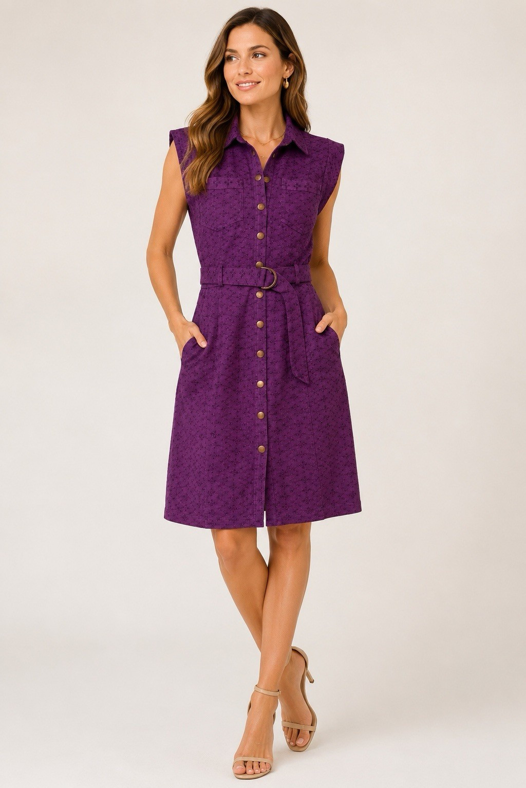 Allison New York Floral Shirt Dress – Purple | Sleeveless Belted Pockets | 6