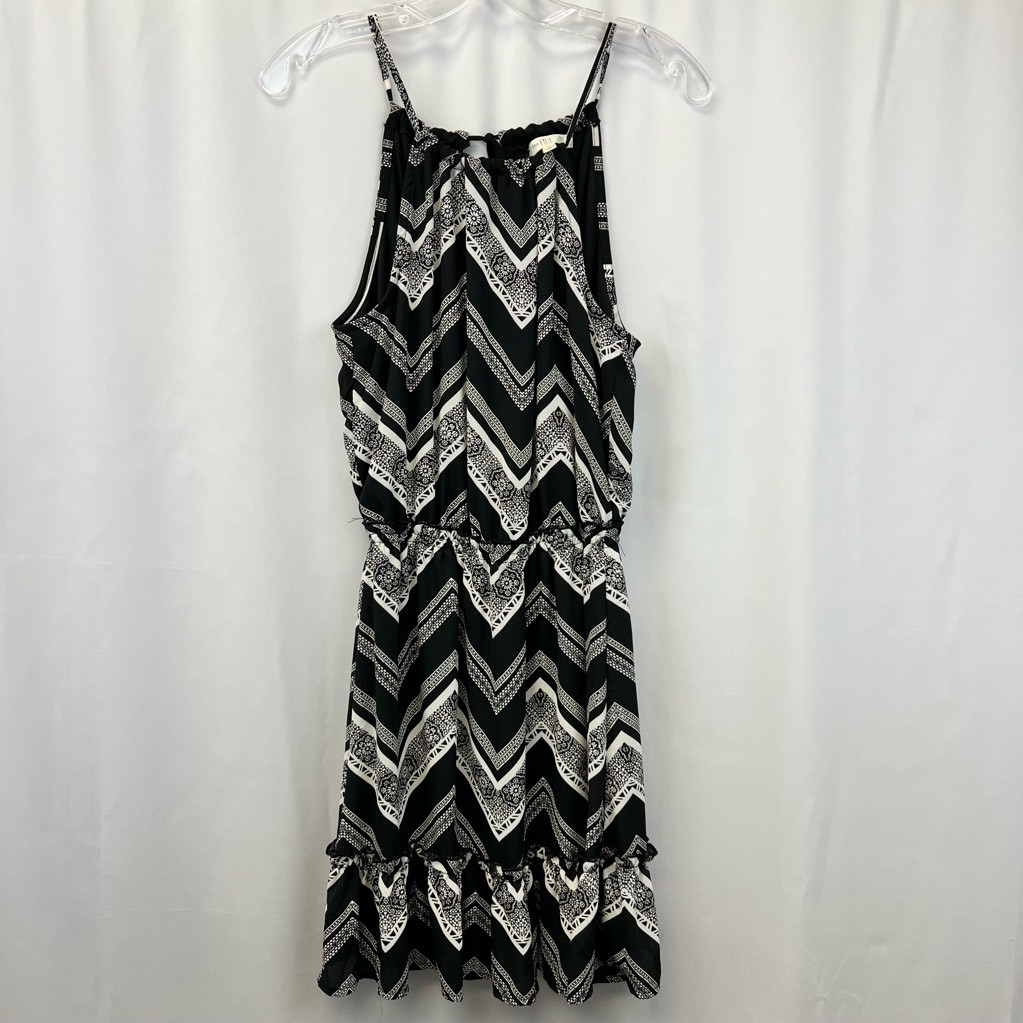 Love Fire Womens Sundress Black Chevron Lined Jewel Neck Sleeveless Ruffle Hem S