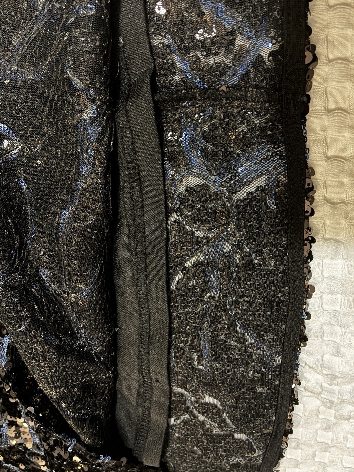Miley and Molly Black Blue Sequin Halter A-Line Knee Dress L Lined Zip