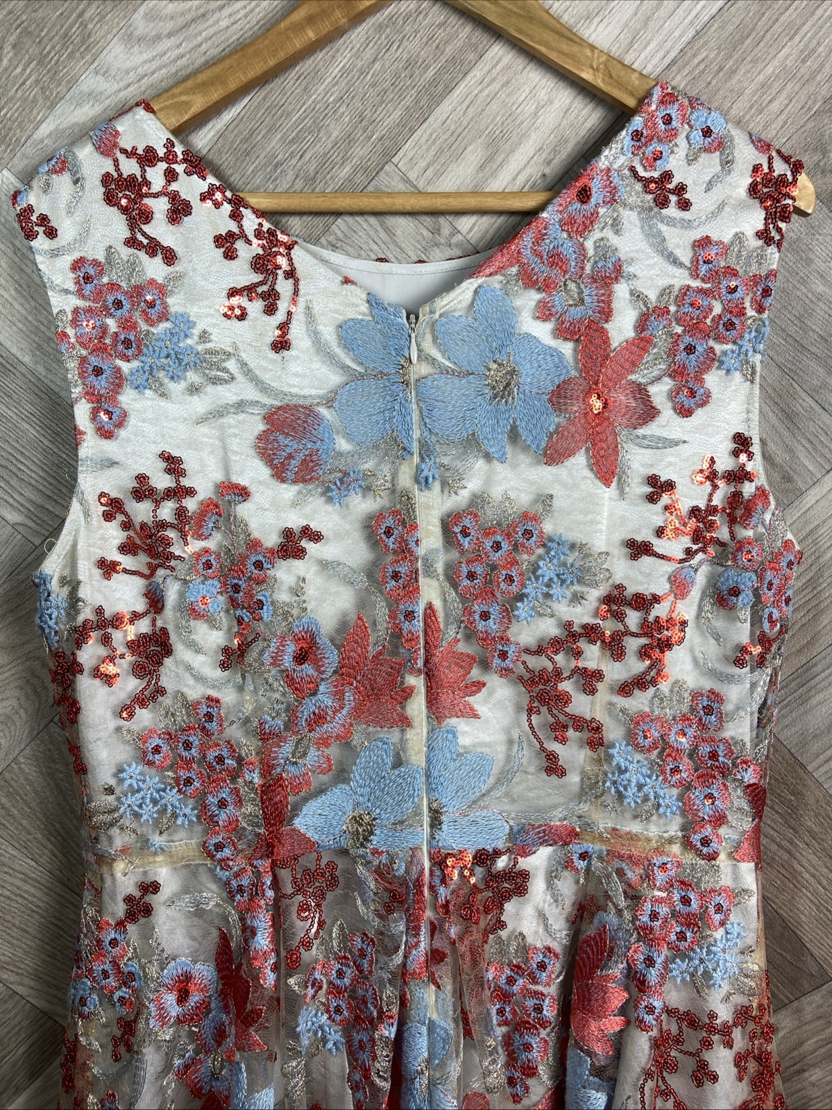 Tahari by Arthur S Levine Flared Dress Blue/Red Floral Embroidery/Sequin Size 14