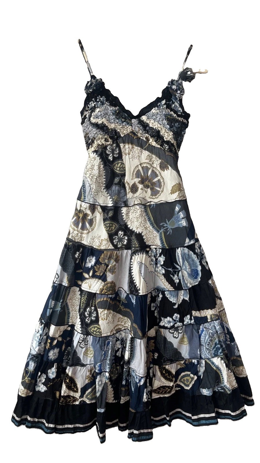 Rene Derhy Floral Maxi Dress Sz 10UK 6US M Tiered Ruffle 3D Flower Y2K Fairy