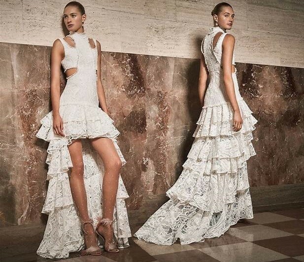 ALEXIS ‘Varenna’ Lace Embroidery Ruffle Tiers Hi-Low Floor Gown & Mini Dress, L