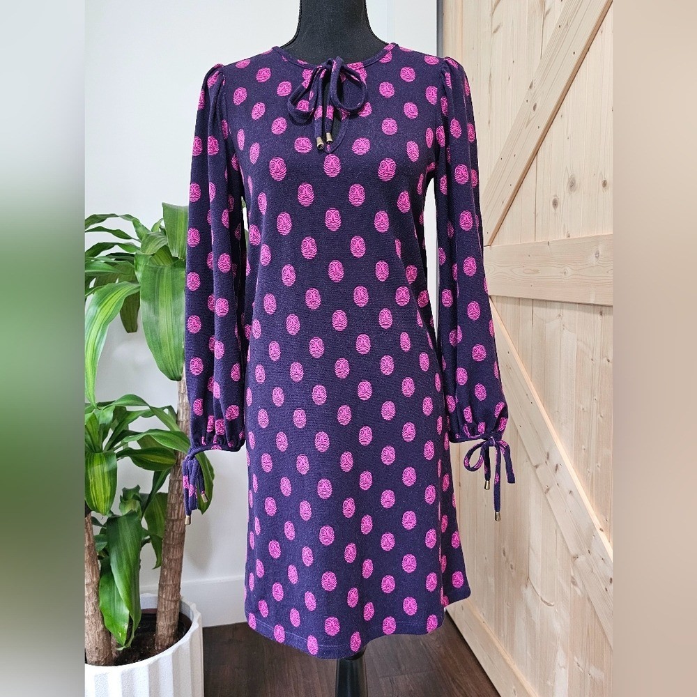 NIKKI Nikki Poulos Dark Purple With Pink Owl Print Dress. Size XS