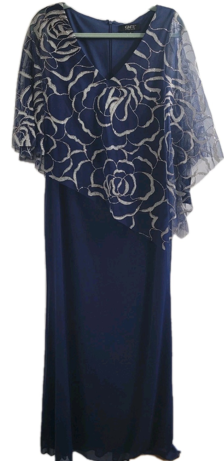 NWT Ignite Evenings Navy Formal Dress 10 Sheer Floral Overlay Cape Sleeve